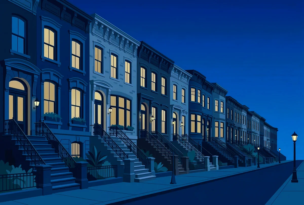 Illustrated brownstone homes with warmly lit windows at dusk